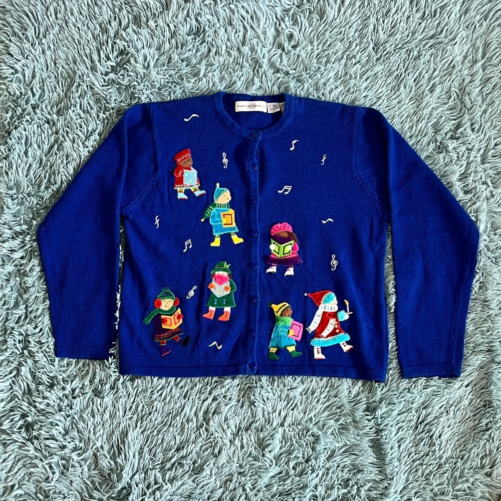 Marisa Christina Sweater Cardigan XL Carolers Christmas Applique Embroidered